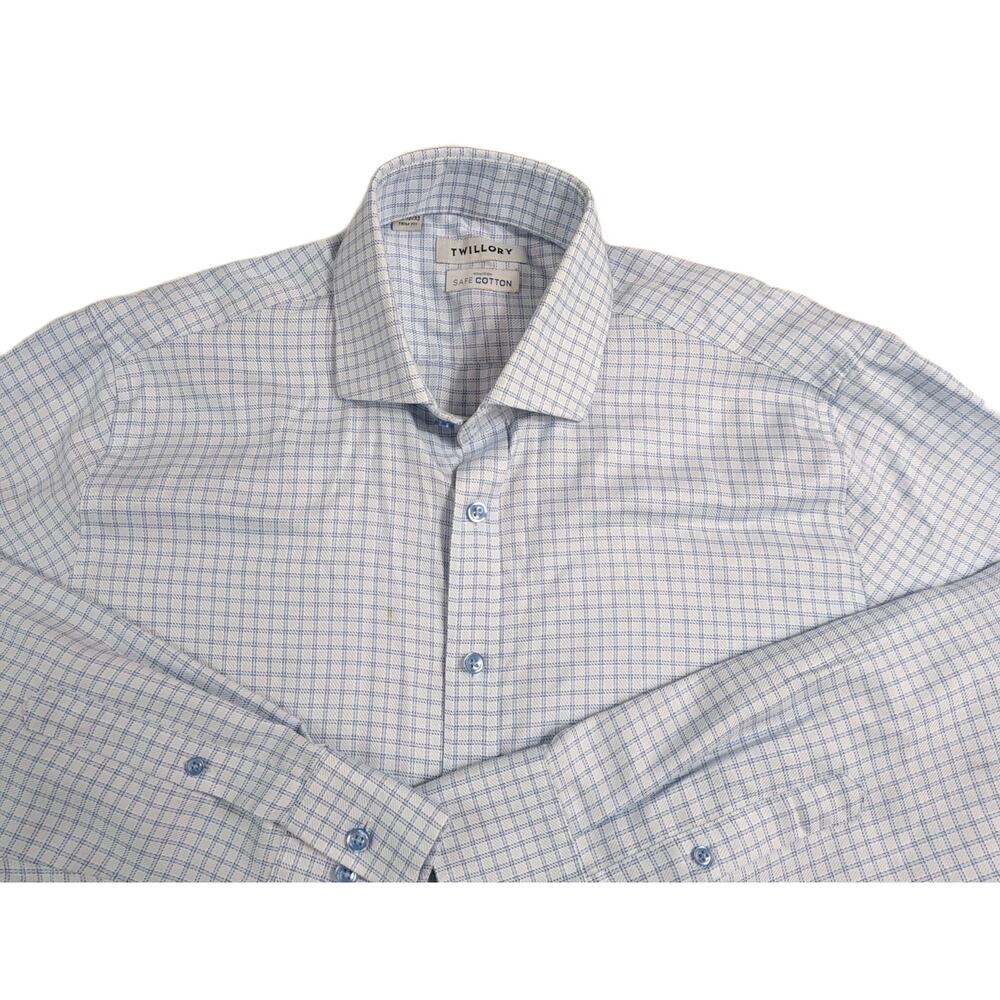 Twillory Safe Cotton Dress Shirt Blue Plaid Non Iron Trim Fit 16 32/33 FLAW